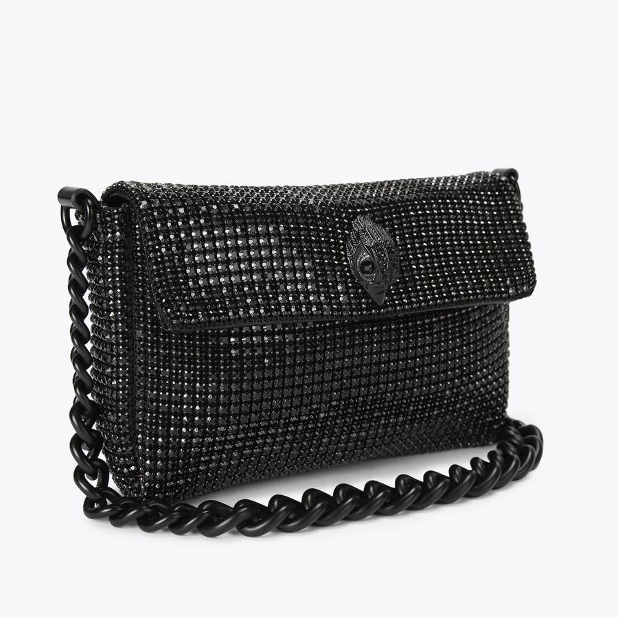 black crystal-embellished shoulder bag with chunky chain and bird-head clasp