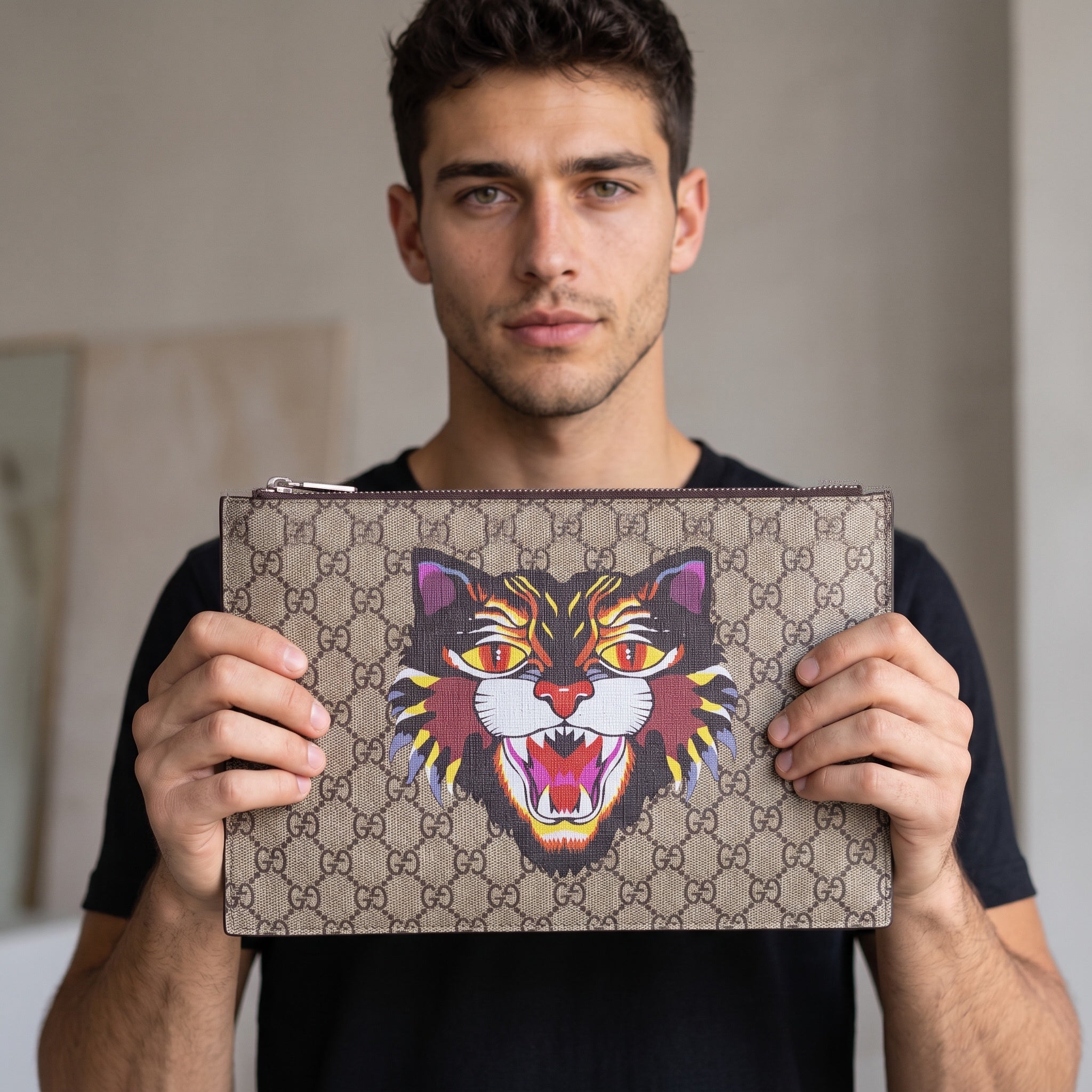 Gucci brown GG monogram pouch with colorful tiger print held in front of model