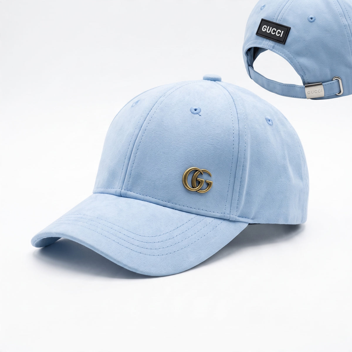 light blue Gucci baseball cap with gold double G and adjustable metal buckle
