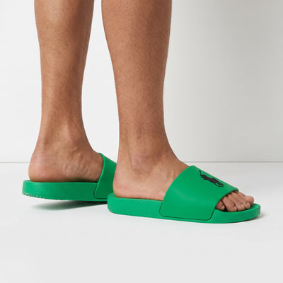 Green Polo Ralph Lauren single‑strap slides with black pony logo