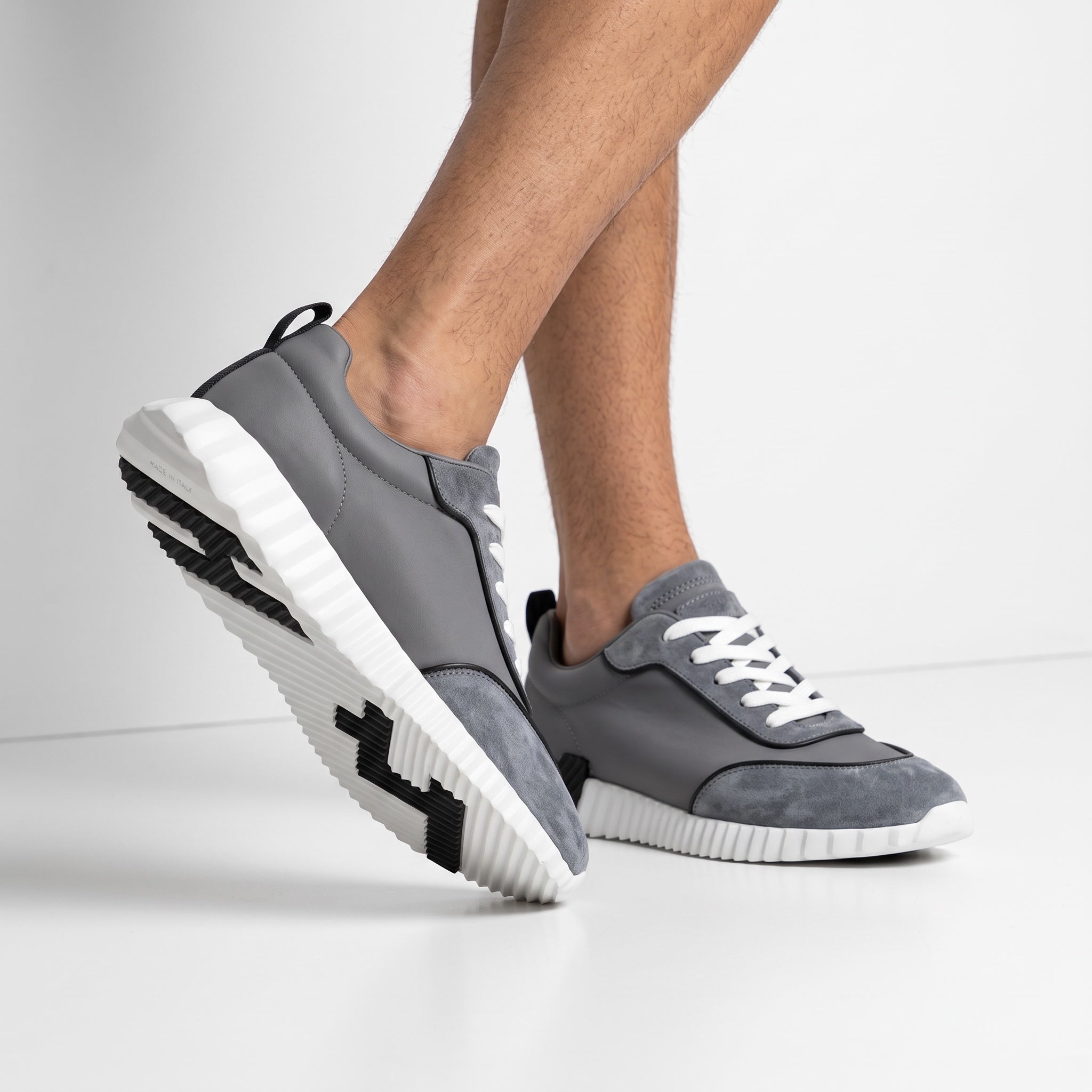 grey low-top chunky sole sneakers with white ridged sole