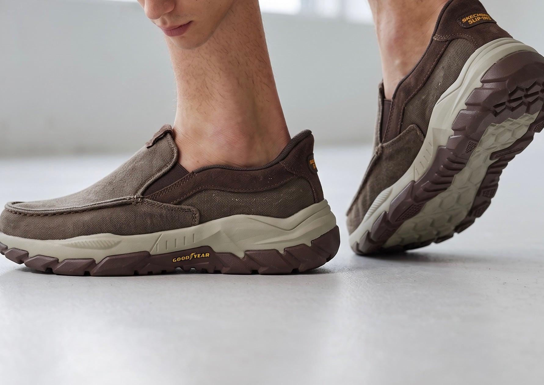 brown Skechers slip-on sneaker with chunky Goodyear sole