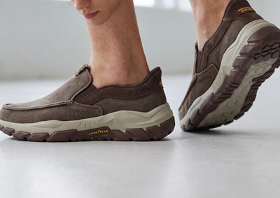 brown Skechers slip-on sneaker with chunky Goodyear sole