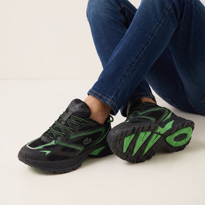 Lacoste black and green chunky low-top sneakers with mesh panels and sculpted sole