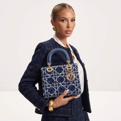 Dior Lady D-Lite small blue tweed tote with rounded leather handles and gold Dior charms