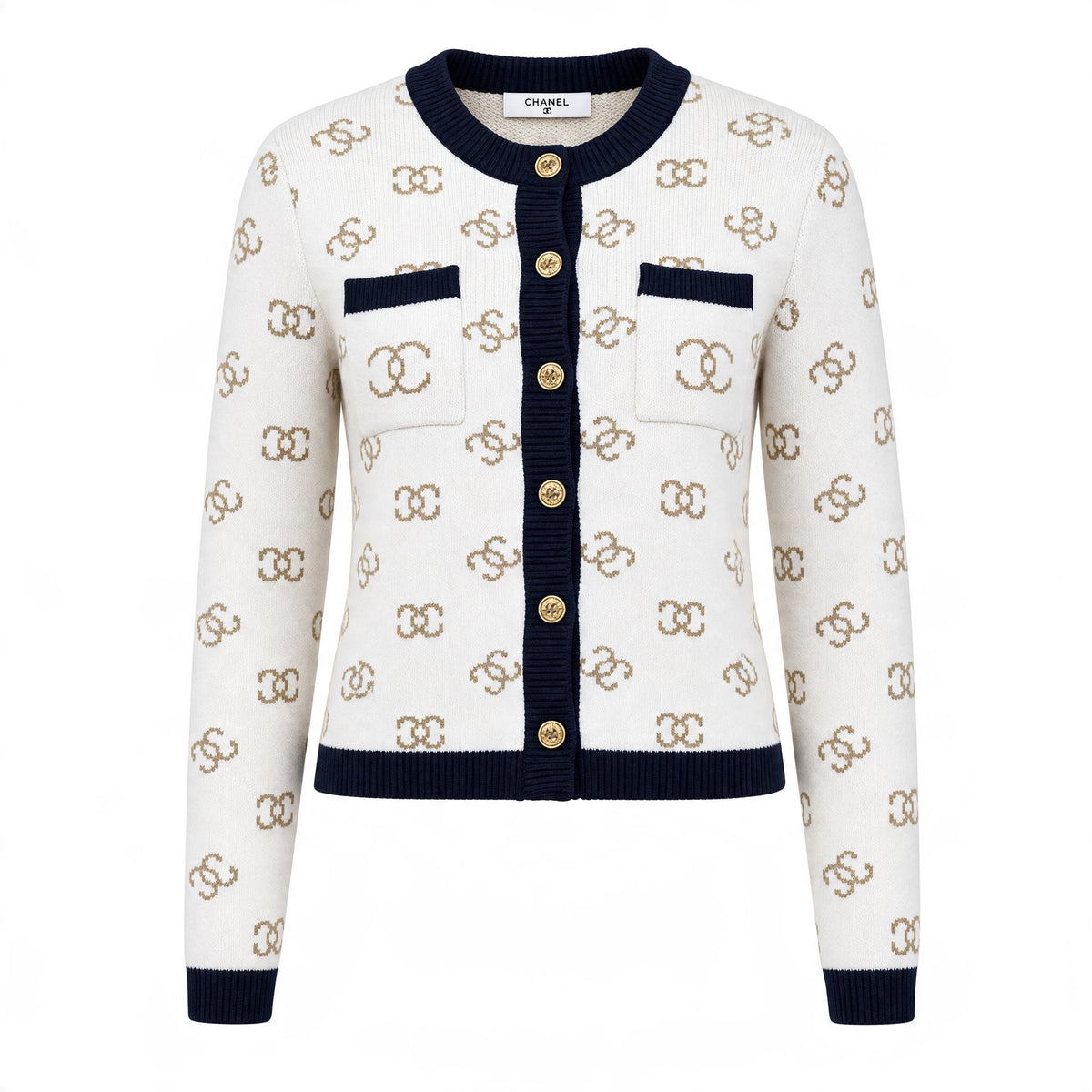 Chanel cream cardigan with navy trim, gold buttons and all-over CC logo pattern