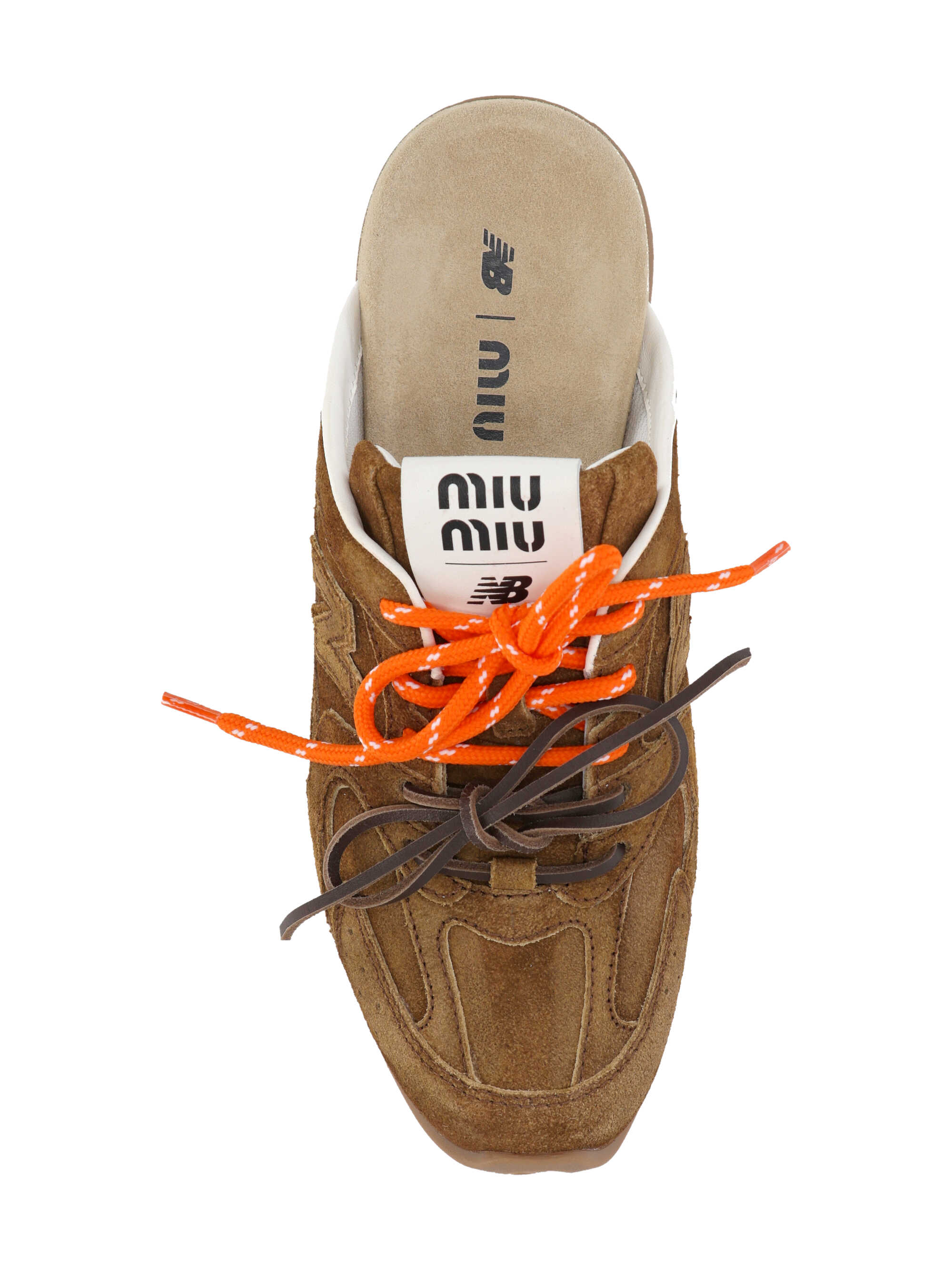 brown suede Miu Miu open-back mule sneaker with orange laces and branded tongue