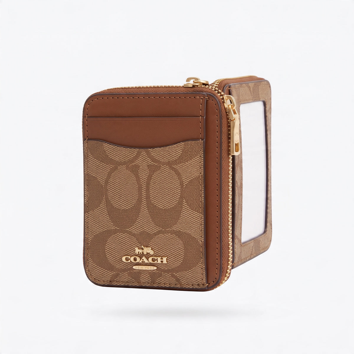 Coach brown zip card case with ID window and gold logo