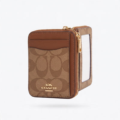 Coach brown zip card case with ID window and gold logo