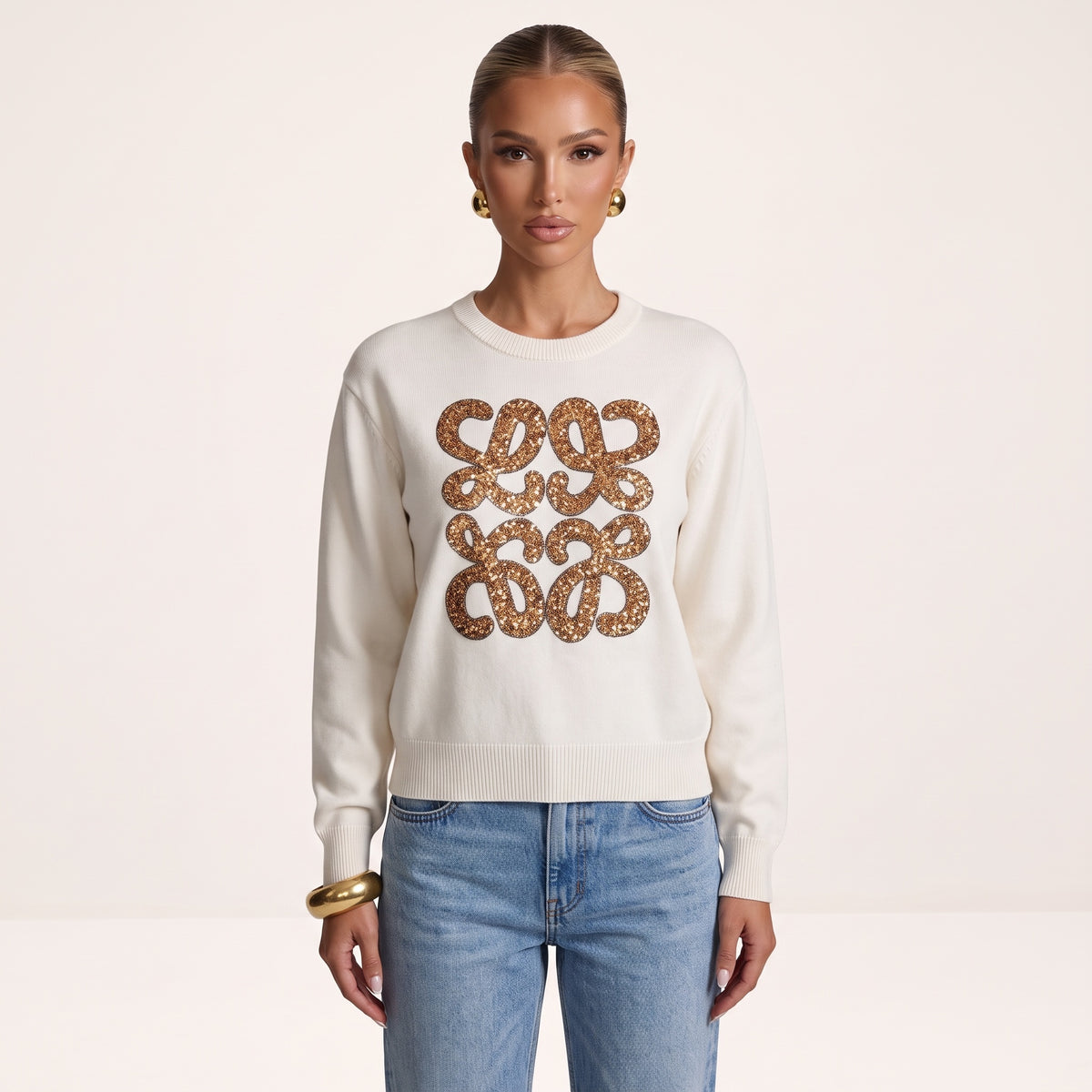 Cream Loewe crewneck sweater with gold sequin anagram on front