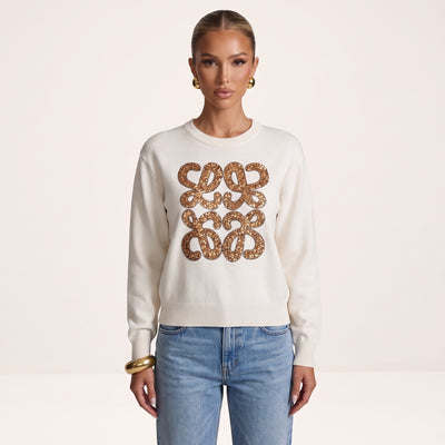 Cream Loewe crewneck sweater with gold sequin anagram on front