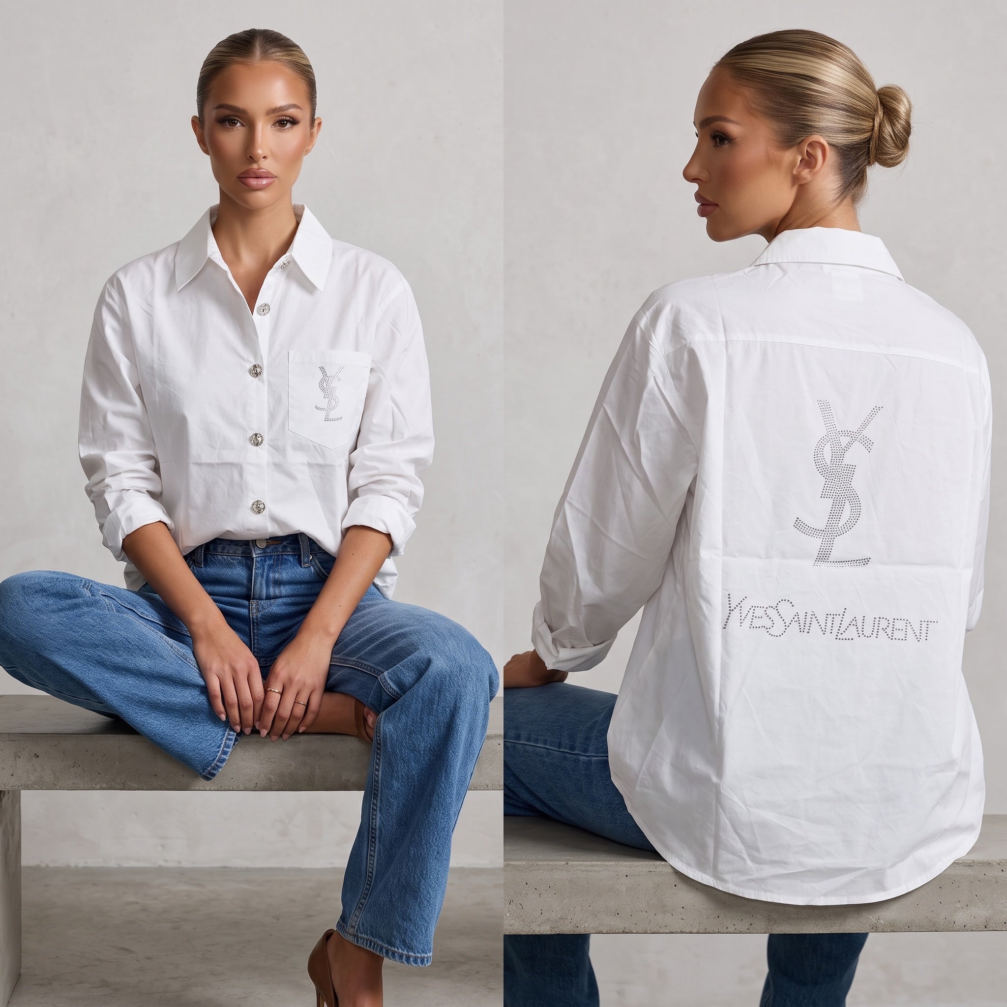 Saint Laurent white button-up shirt with crystal YSL logo on pocket and down back