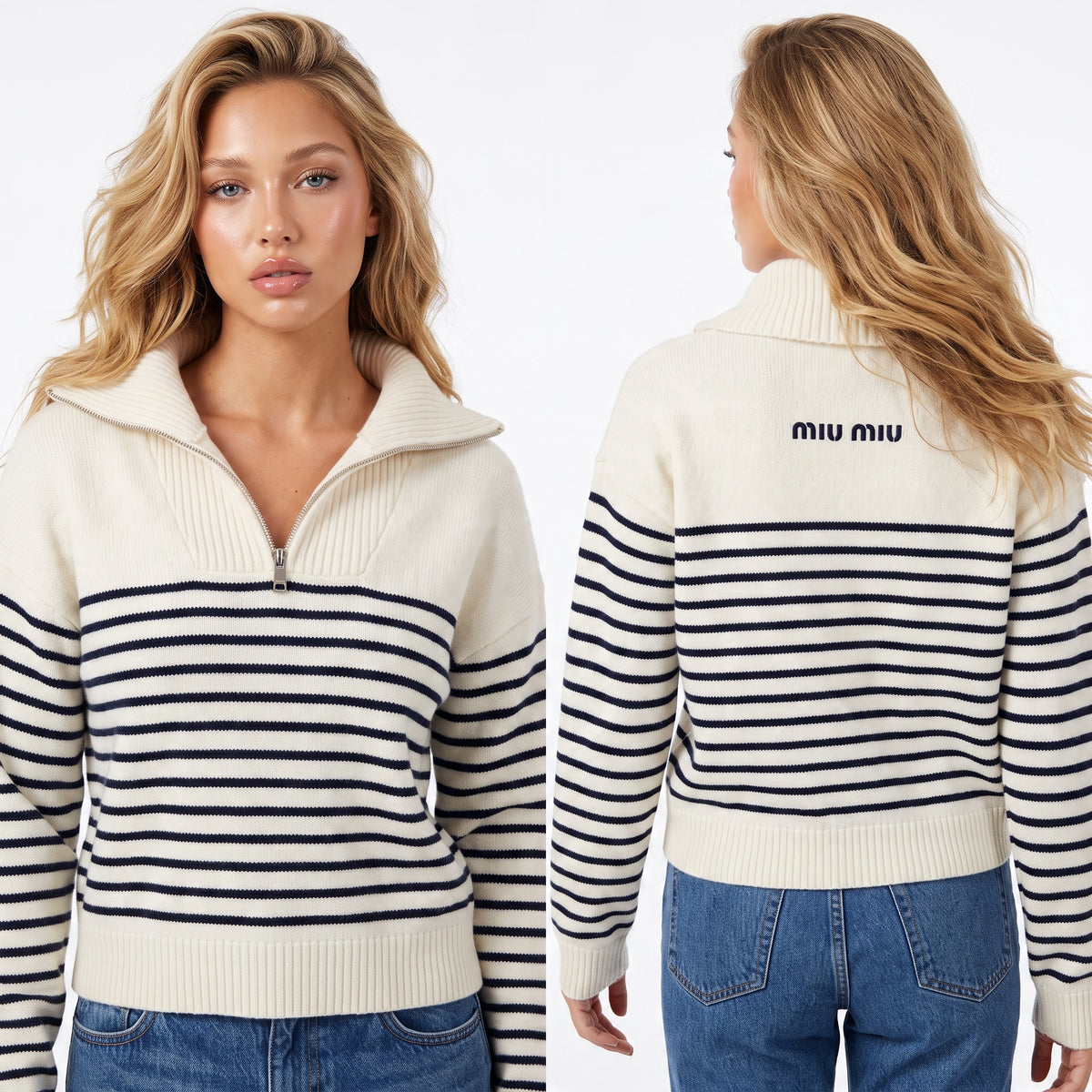 Cream and navy striped Miu Miu half-zip sweater with ribbed hem and embroidered logo on back