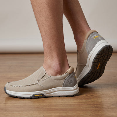 beige Skechers slip-on shoe with Goodyear outsole