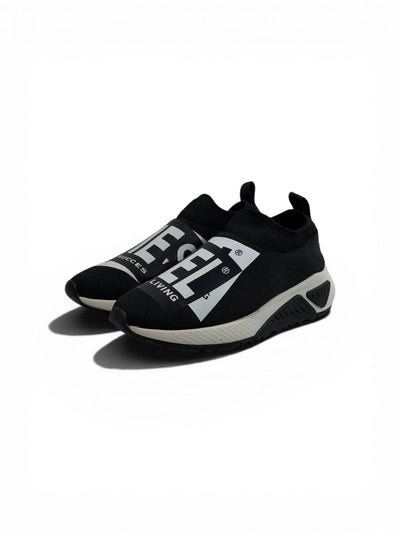 Diesel Black Slip-On Sneakers – Bold Logo Print, Lightweight Knit Trainer - MASTERPIECE