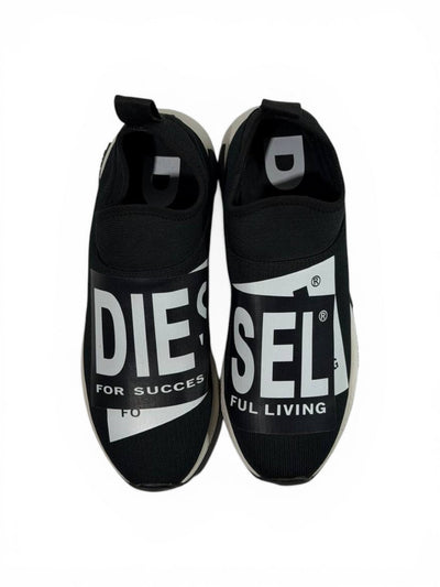 Diesel Black Slip-On Sneakers – Bold Logo Print, Lightweight Knit Trainer - MASTERPIECE