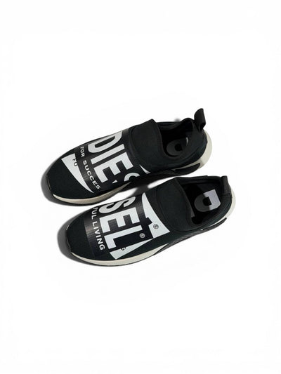 Diesel Black Slip-On Sneakers – Bold Logo Print, Lightweight Knit Trainer - MASTERPIECE