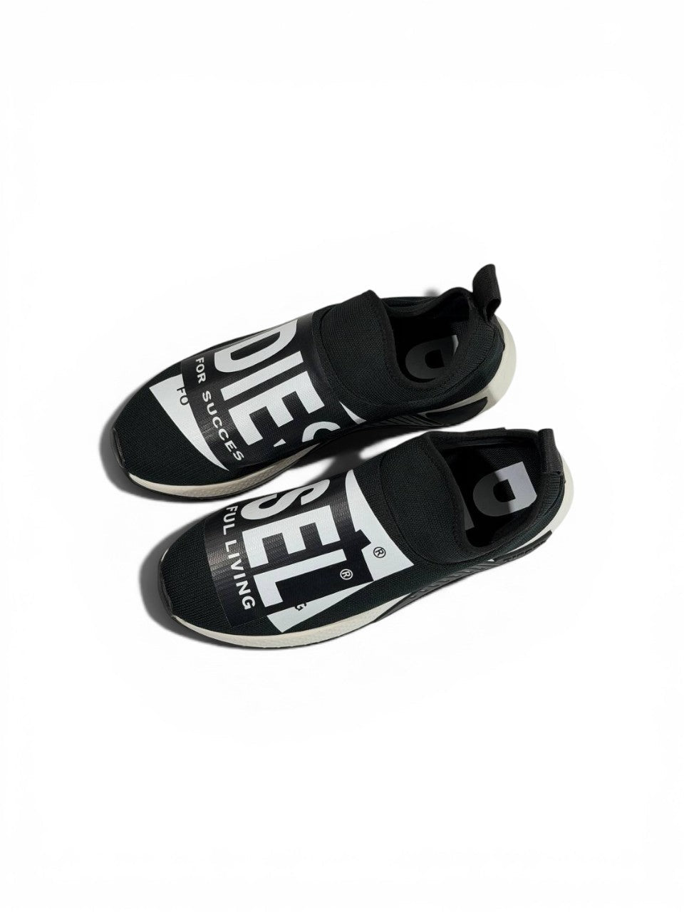 Diesel Black Slip-On Sneakers – Bold Logo Print, Lightweight Knit Trainer - MASTERPIECE