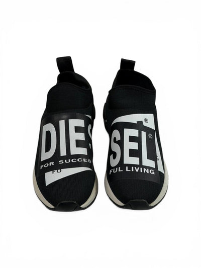 Diesel Black Slip-On Sneakers – Bold Logo Print, Lightweight Knit Trainer - MASTERPIECE