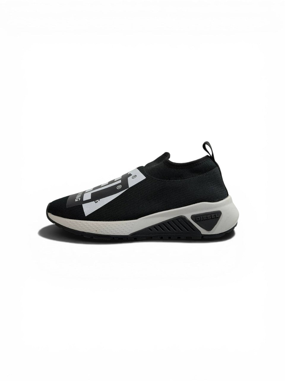 Diesel Black Slip-On Sneakers – Bold Logo Print, Lightweight Knit Trainer - MASTERPIECE