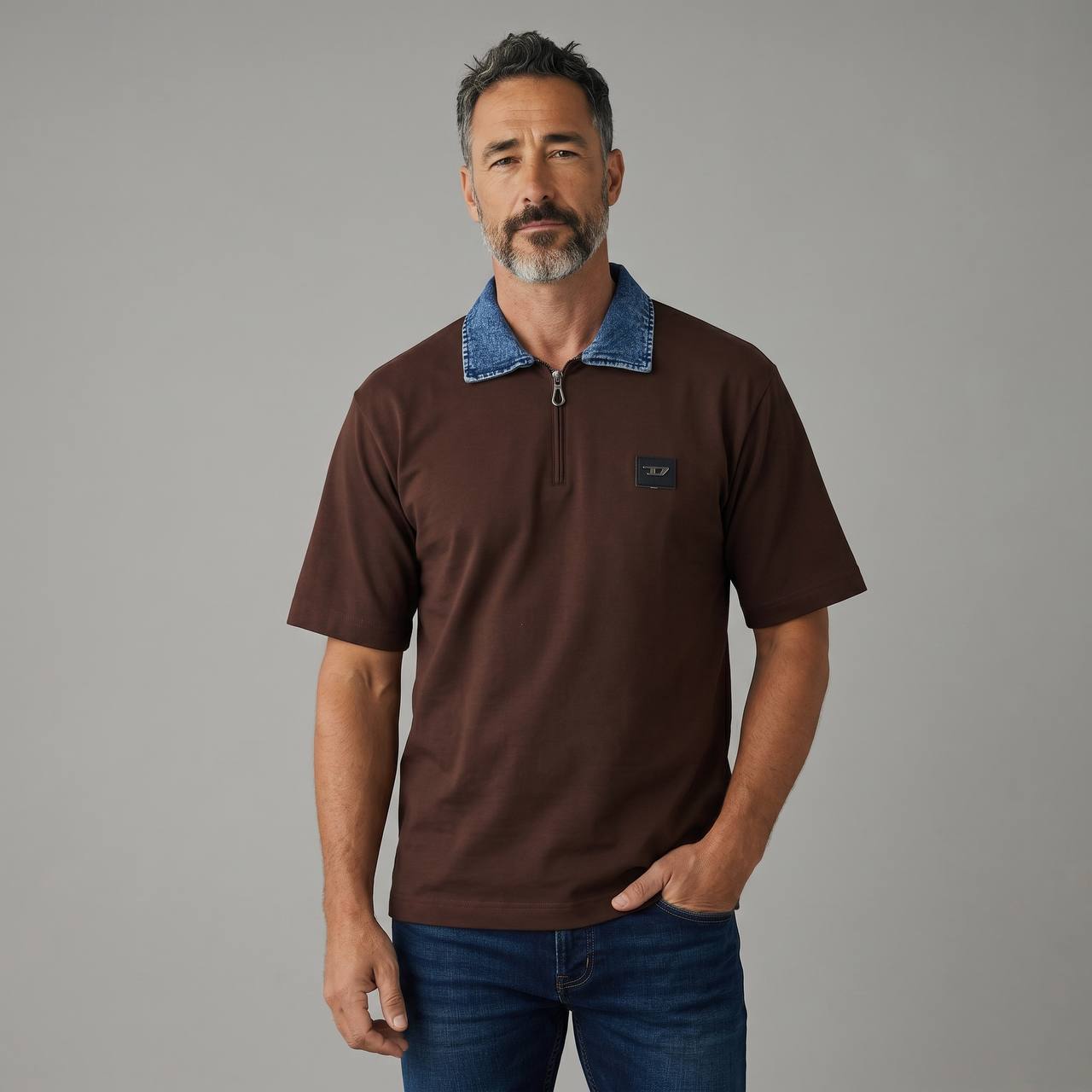 Diesel Denim Collar Half-Zip Polo – Chocolate Brown Edition 🤎👖 - MASTERPIECE