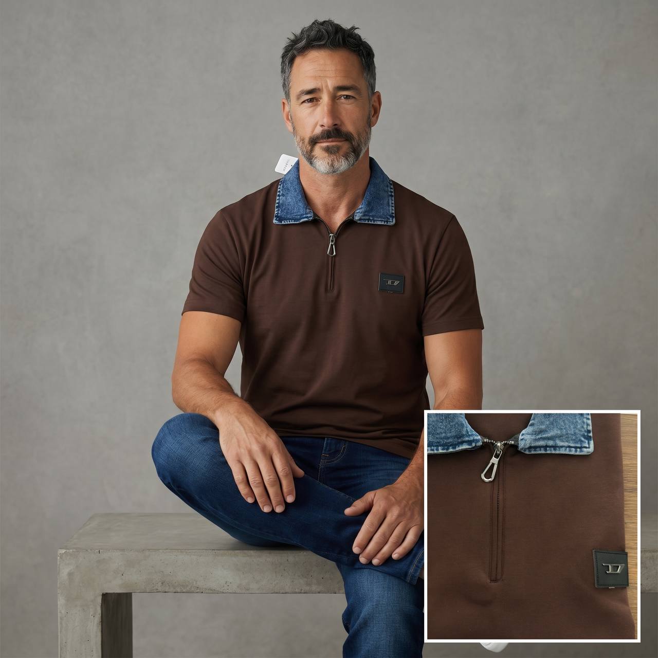 Diesel Denim Collar Half-Zip Polo – Chocolate Brown Edition 🤎👖 - MASTERPIECE