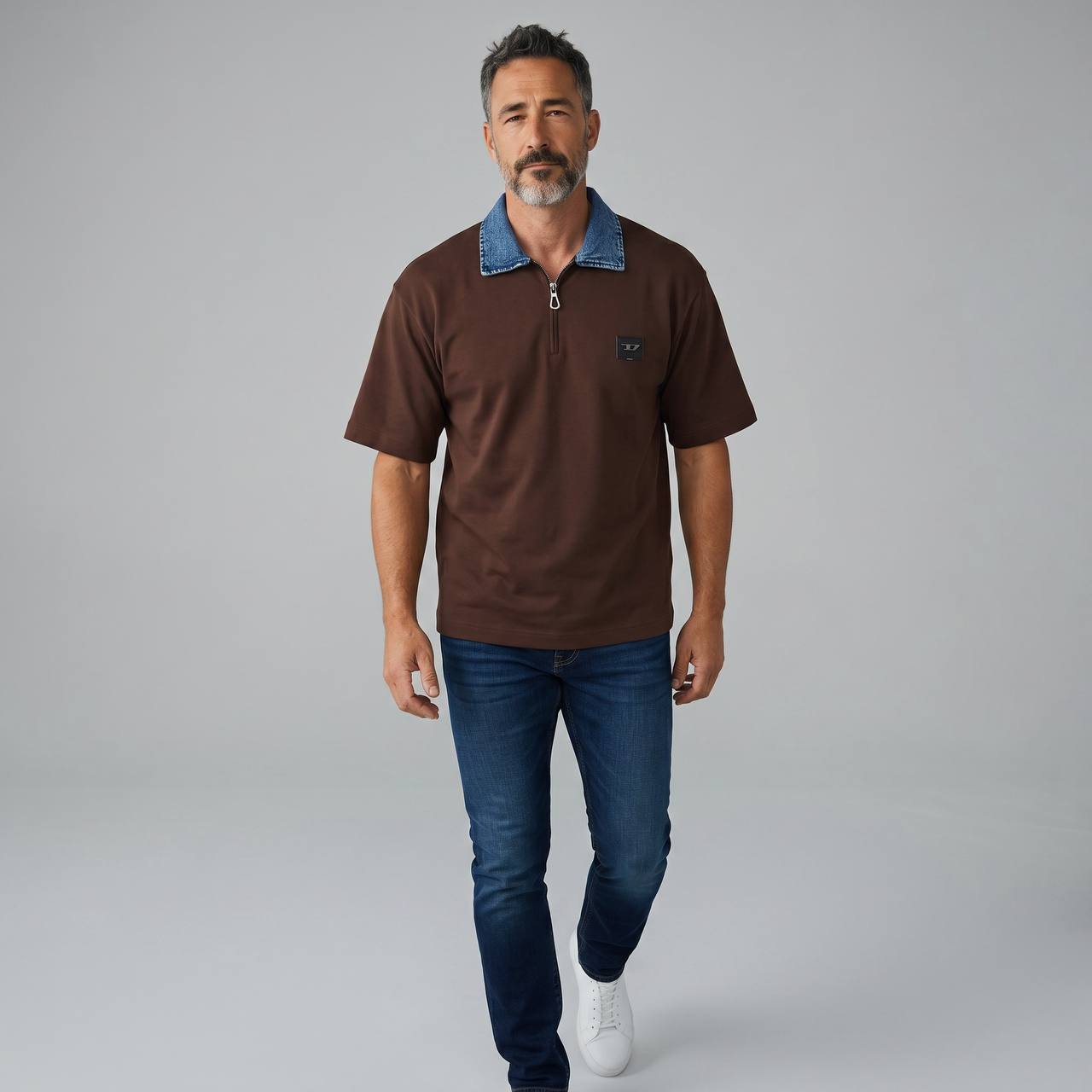 Diesel Denim Collar Half-Zip Polo – Chocolate Brown Edition 🤎👖 - MASTERPIECE
