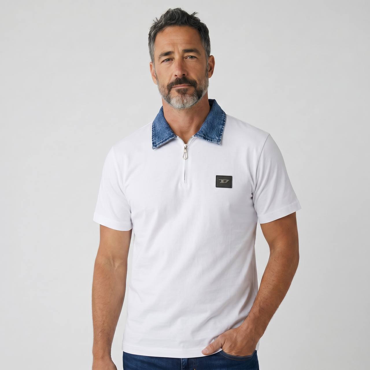 Diesel Denim Collar Zip Polo – Arctic White Edition 🤍💙 - MASTERPIECE