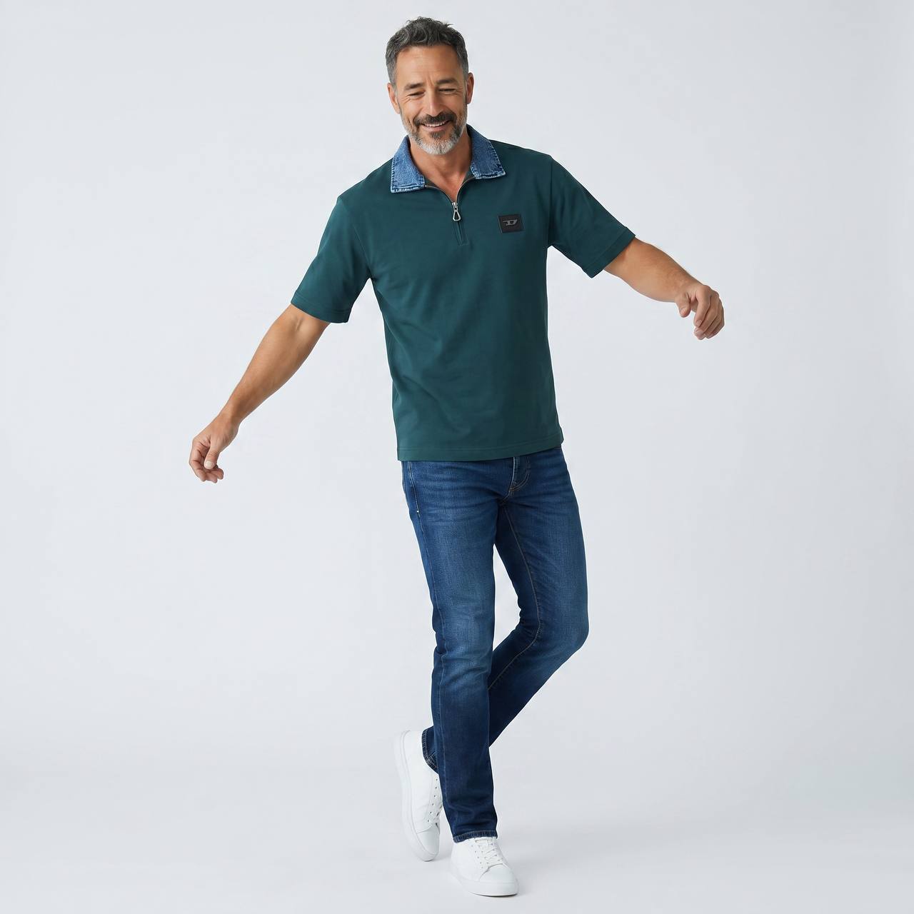Diesel Denim Collar Zip Polo – Deep Emerald Edition 💚👖 - MASTERPIECE