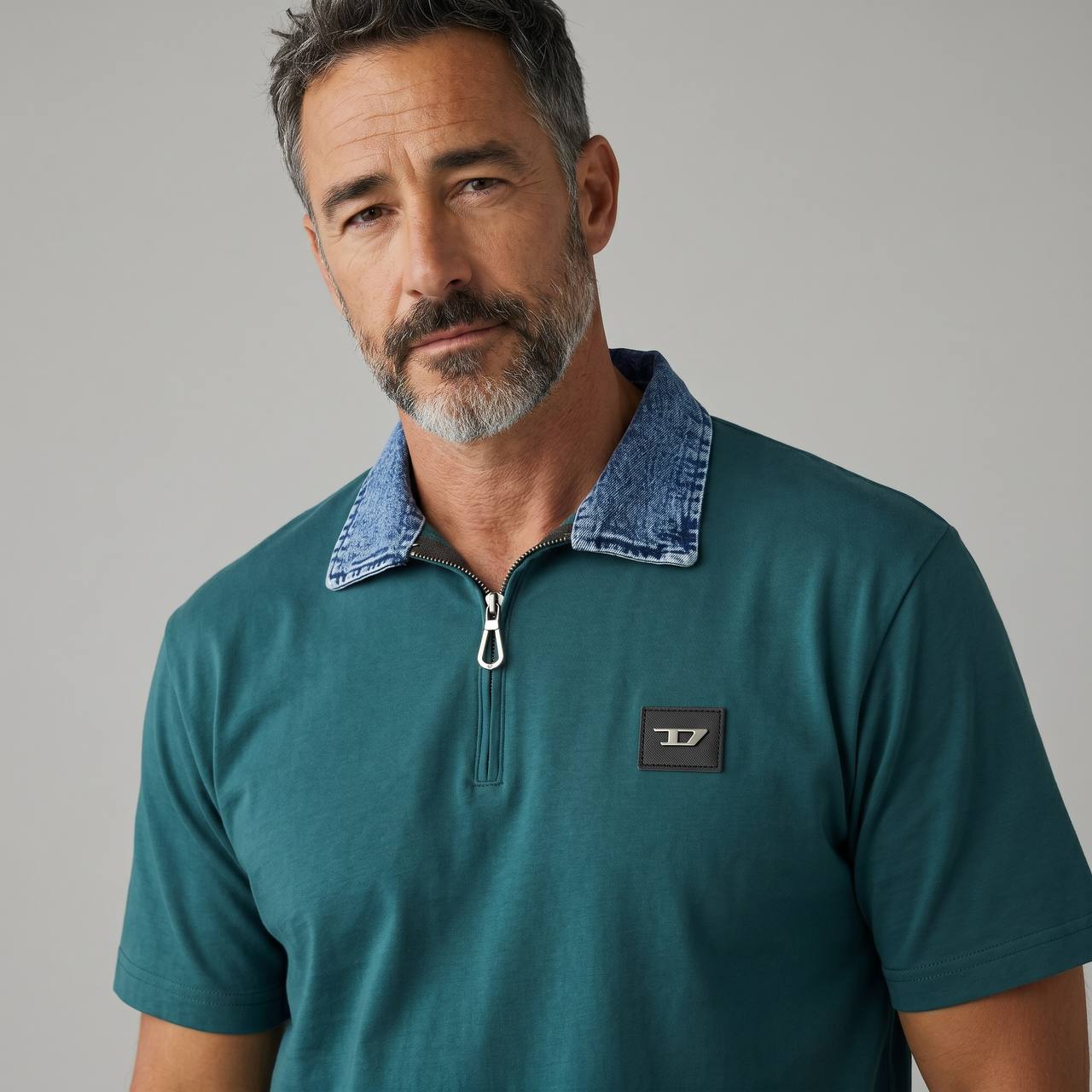 Diesel Denim Collar Zip Polo – Deep Emerald Edition 💚👖 - MASTERPIECE