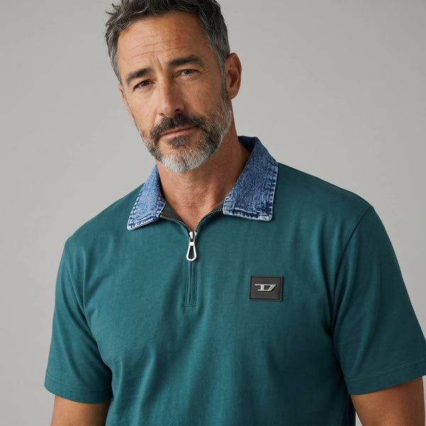 Diesel Denim Collar Zip Polo – Deep Emerald Edition 💚👖