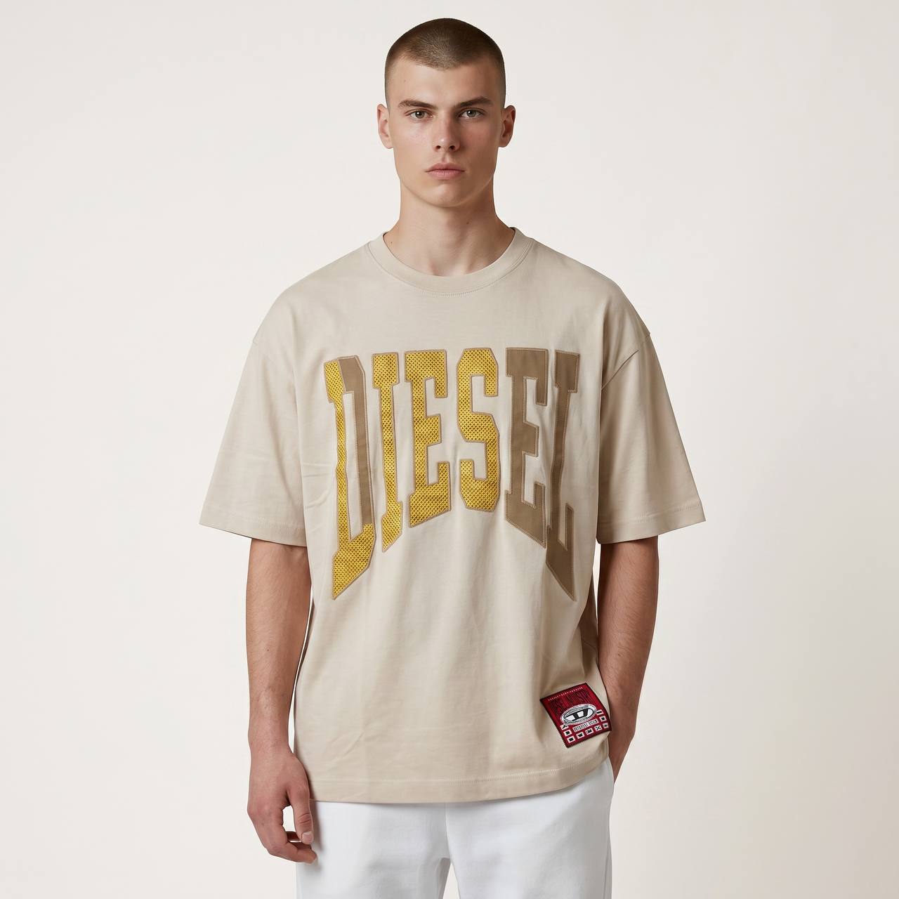 Diesel Oversized Varsity Logo T-Shirt – Sand Beige ⚡🤍 - MASTERPIECE