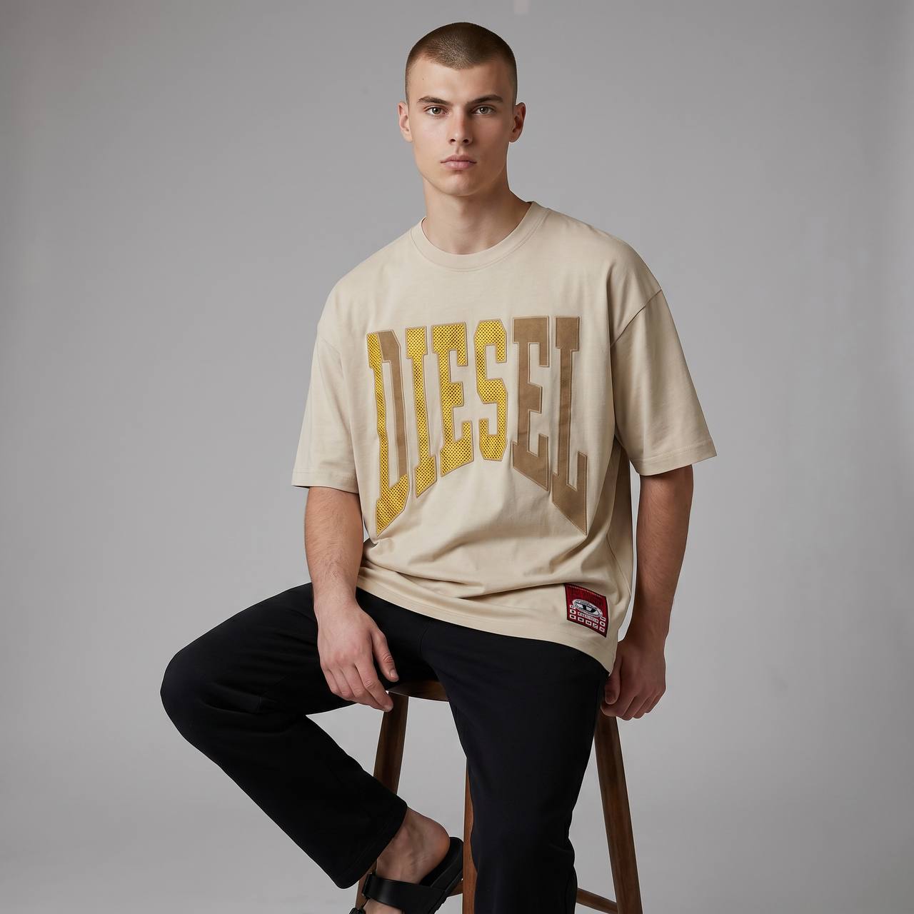 Diesel Oversized Varsity Logo T-Shirt – Sand Beige ⚡🤍 - MASTERPIECE