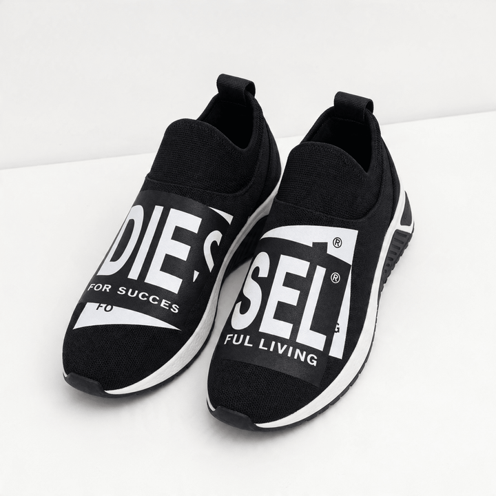 Diesel Slip-On Logo Knit Trainer Sneakers — Black