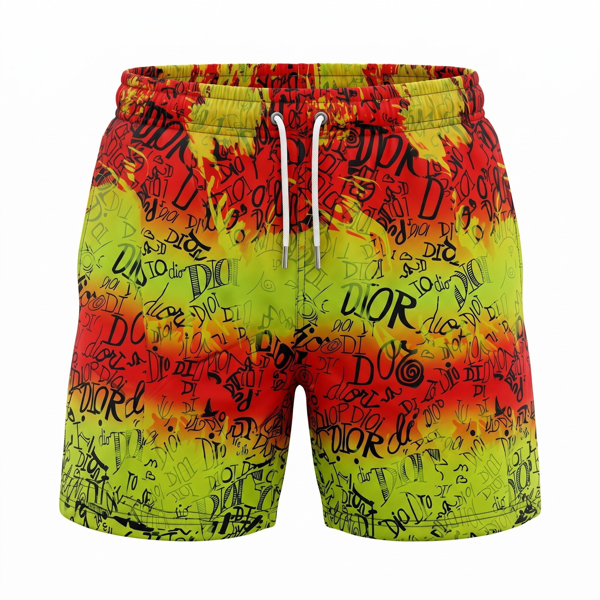 Dior Graffiti Splash Swim Shorts – Neon Yellow & Red 🎨🌴 - MASTERPIECE