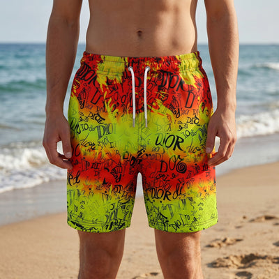 Dior Graffiti Splash Swim Shorts – Neon Yellow & Red 🎨🌴 - MASTERPIECE