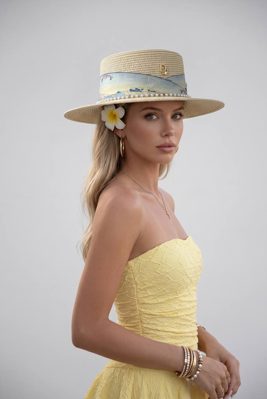 🌼 DIOR Inspired Straw Hat | Pearl Band Luxury Flat Brim ☀️ - MASTERPIECE