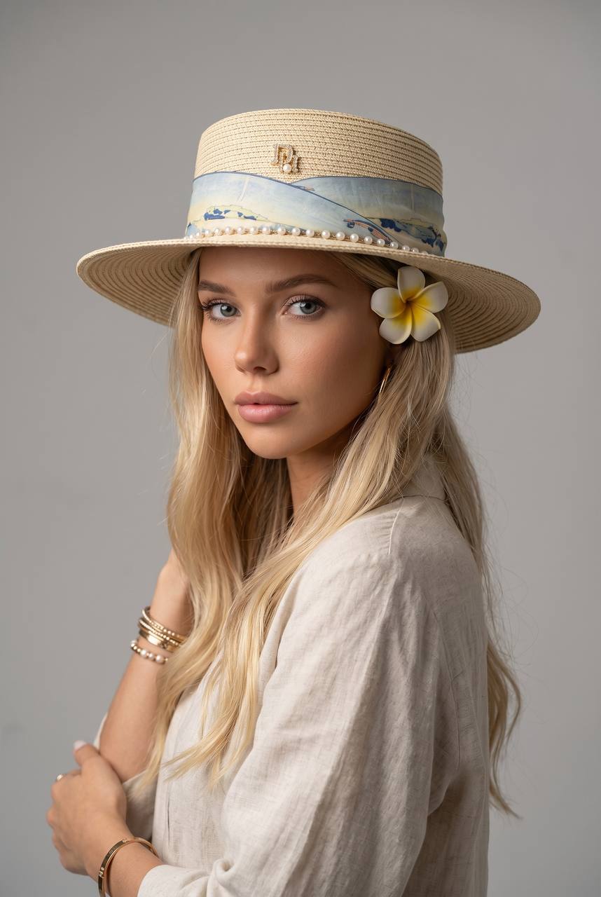 🌼 DIOR Inspired Straw Hat | Pearl Band Luxury Flat Brim ☀️ - MASTERPIECE