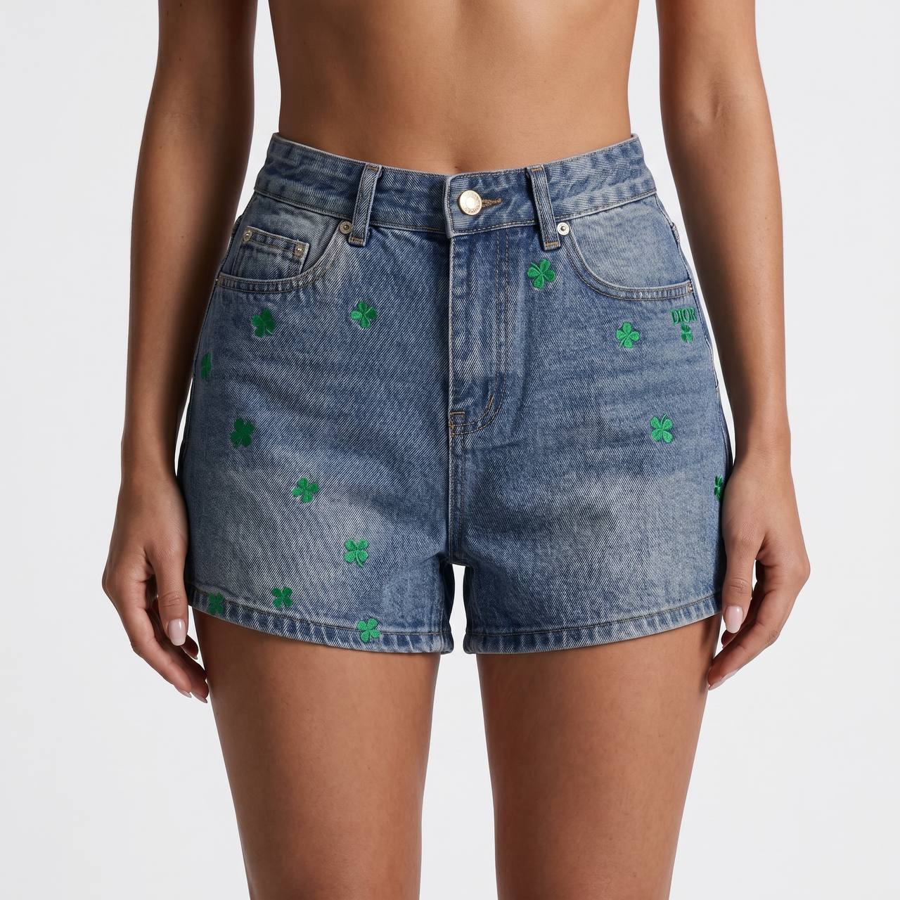 Dior Lucky Clover Embroidered Denim Shorts – Blue - MASTERPIECE
