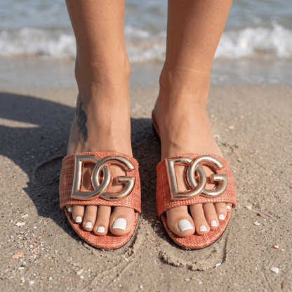 Dolce & Gabbana DG Raffia Slide Sandals – Blush Pink 🌸✨ - MASTERPIECE