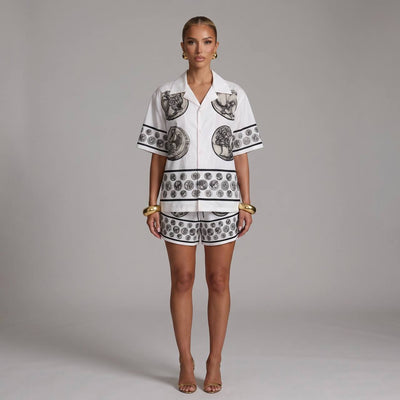 🤍 Dolce & Gabbana White Baroque Coin Print Set – Luxury Summer Co - Ord 🩳👕✨ - MASTERPIECE