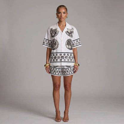 🤍 Dolce & Gabbana White Baroque Coin Print Set – Luxury Summer Co - Ord 🩳👕✨ - MASTERPIECE