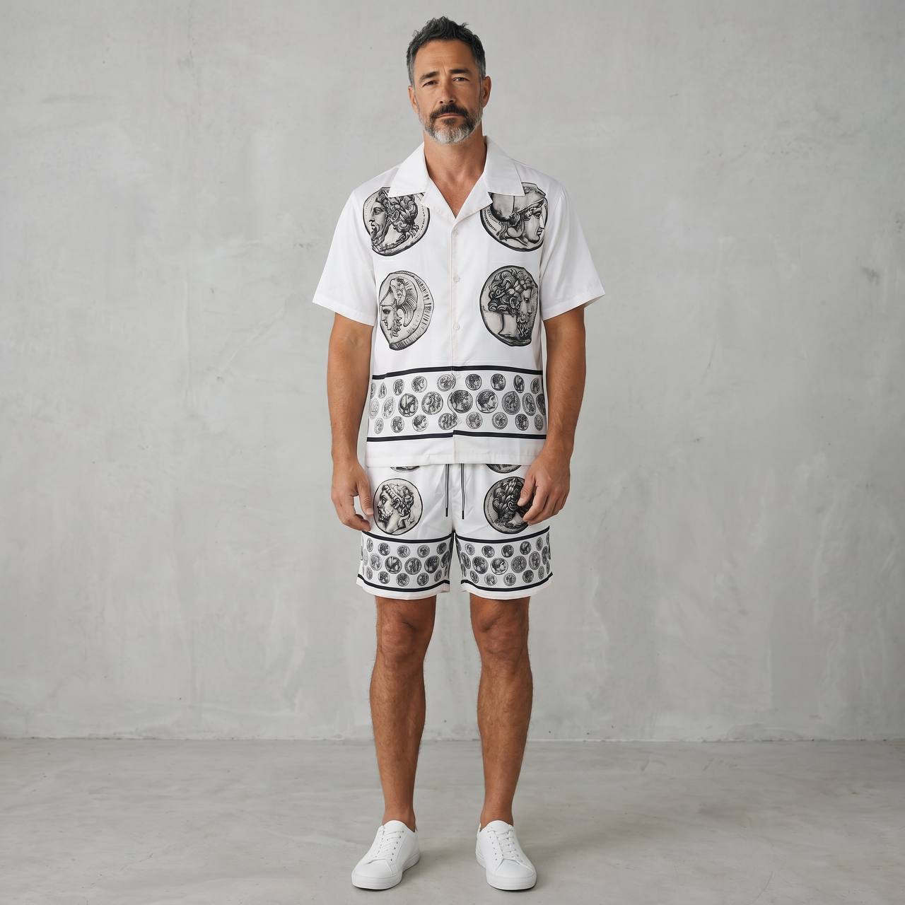 🤍 Dolce & Gabbana White Baroque Coin Print Set – Luxury Summer Co - Ord 🩳👕✨ - MASTERPIECE