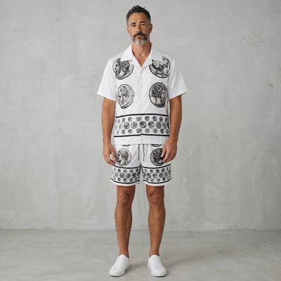 🤍 Dolce & Gabbana White Baroque Coin Print Set – Luxury Summer Co - Ord 🩳👕✨ - MASTERPIECE