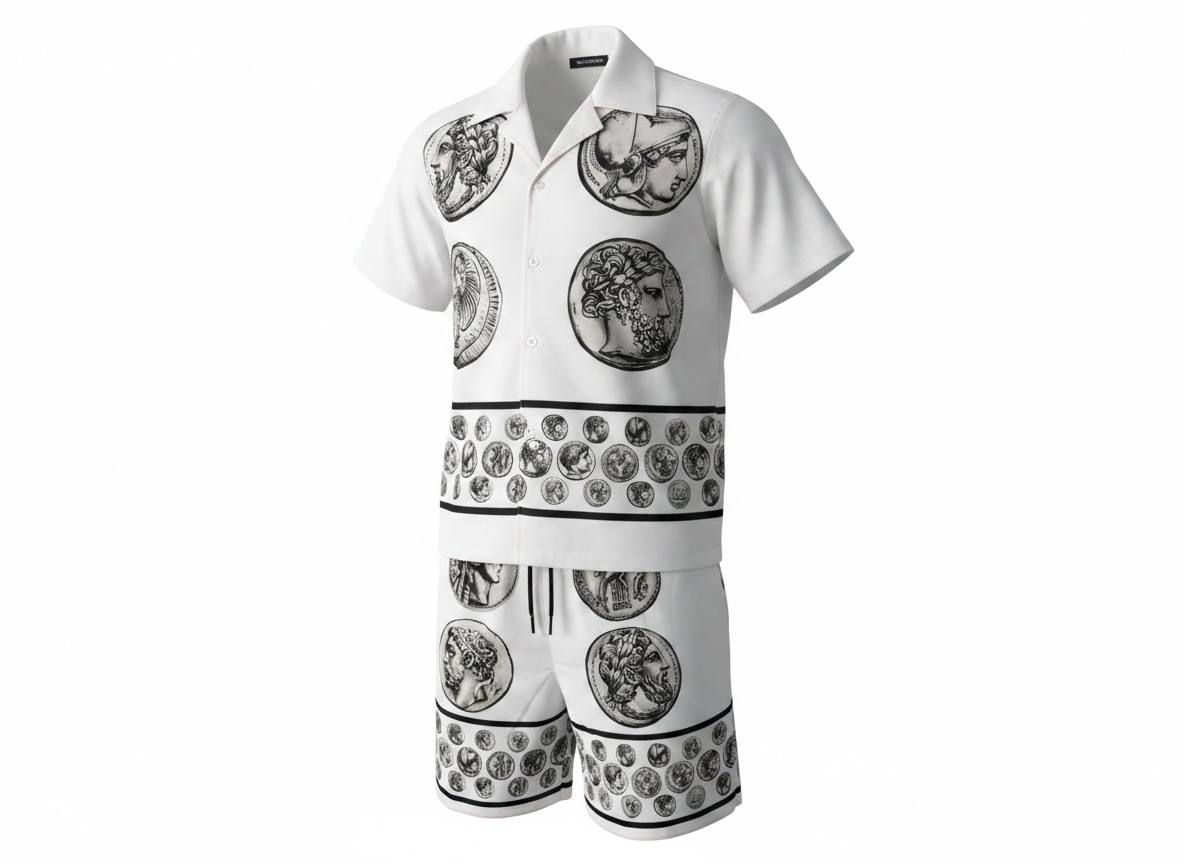 🤍 Dolce & Gabbana White Baroque Coin Print Set – Luxury Summer Co - Ord 🩳👕✨ - MASTERPIECE