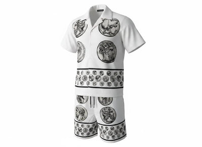 🤍 Dolce & Gabbana White Baroque Coin Print Set – Luxury Summer Co - Ord 🩳👕✨ - MASTERPIECE