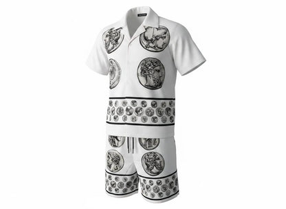 🤍 Dolce & Gabbana White Baroque Coin Print Set – Luxury Summer Co - Ord 🩳👕✨ - MASTERPIECE