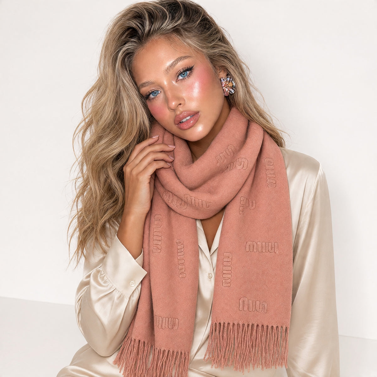 Miu Miu dusty rose oversized scarf with embossed logo and fringed ends