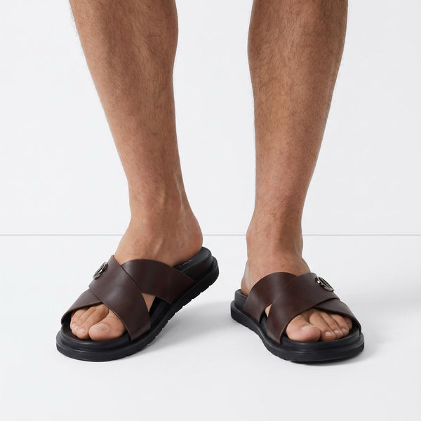 Dior Men's Cross-Strap Leather Slide – Brown 🟫🩴