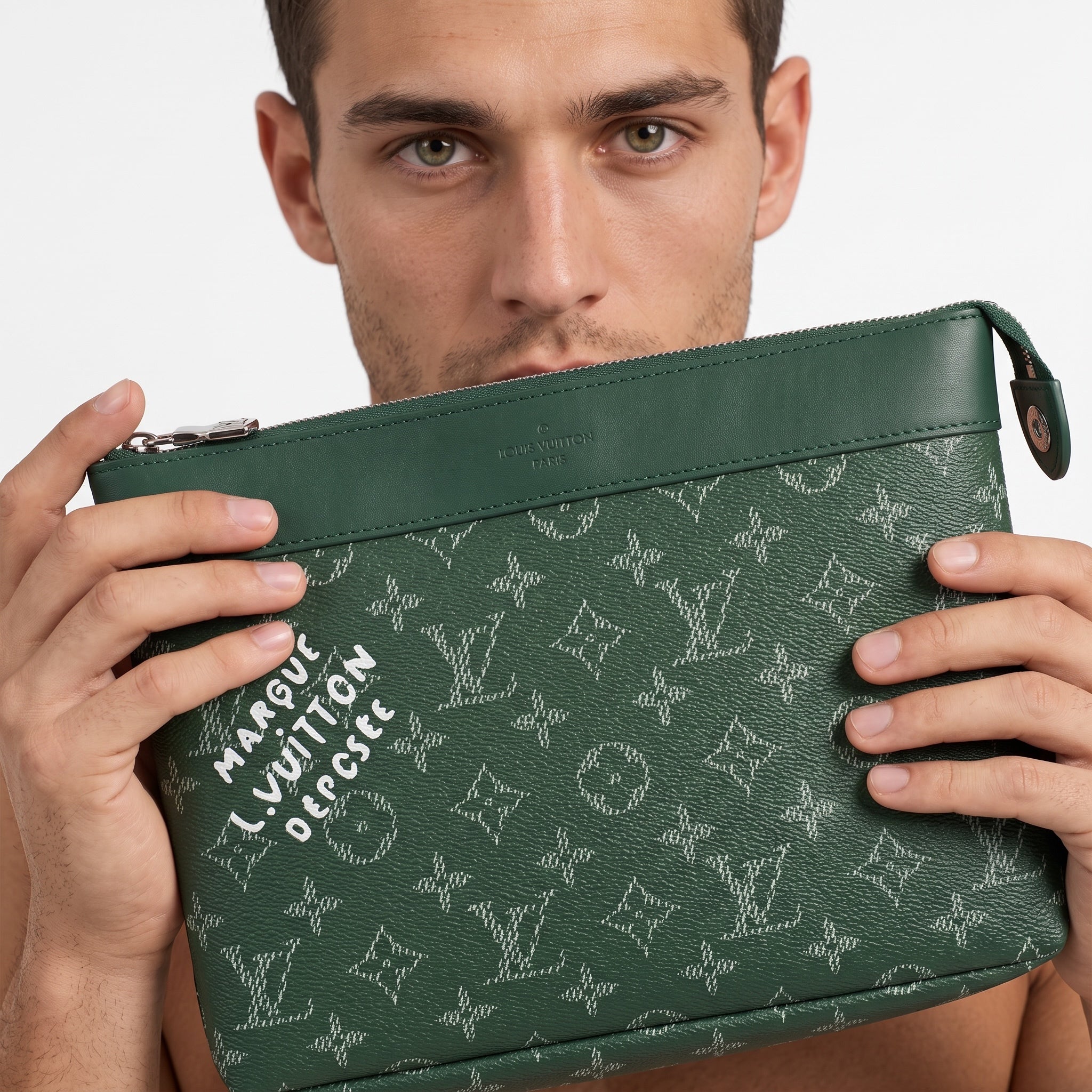 Green Louis Vuitton monogram pouch with top zipper and white printed text held by male model